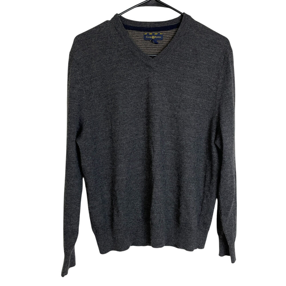 Club Room Mens Merino Blend Sweater Gray Medium Knit Long Sleeve Pullover V Neck